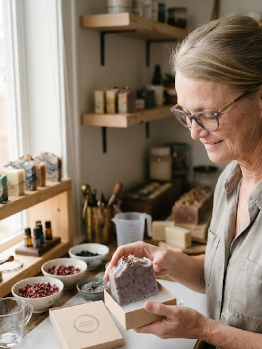 A finished botanical soap bar held in the maker's hands