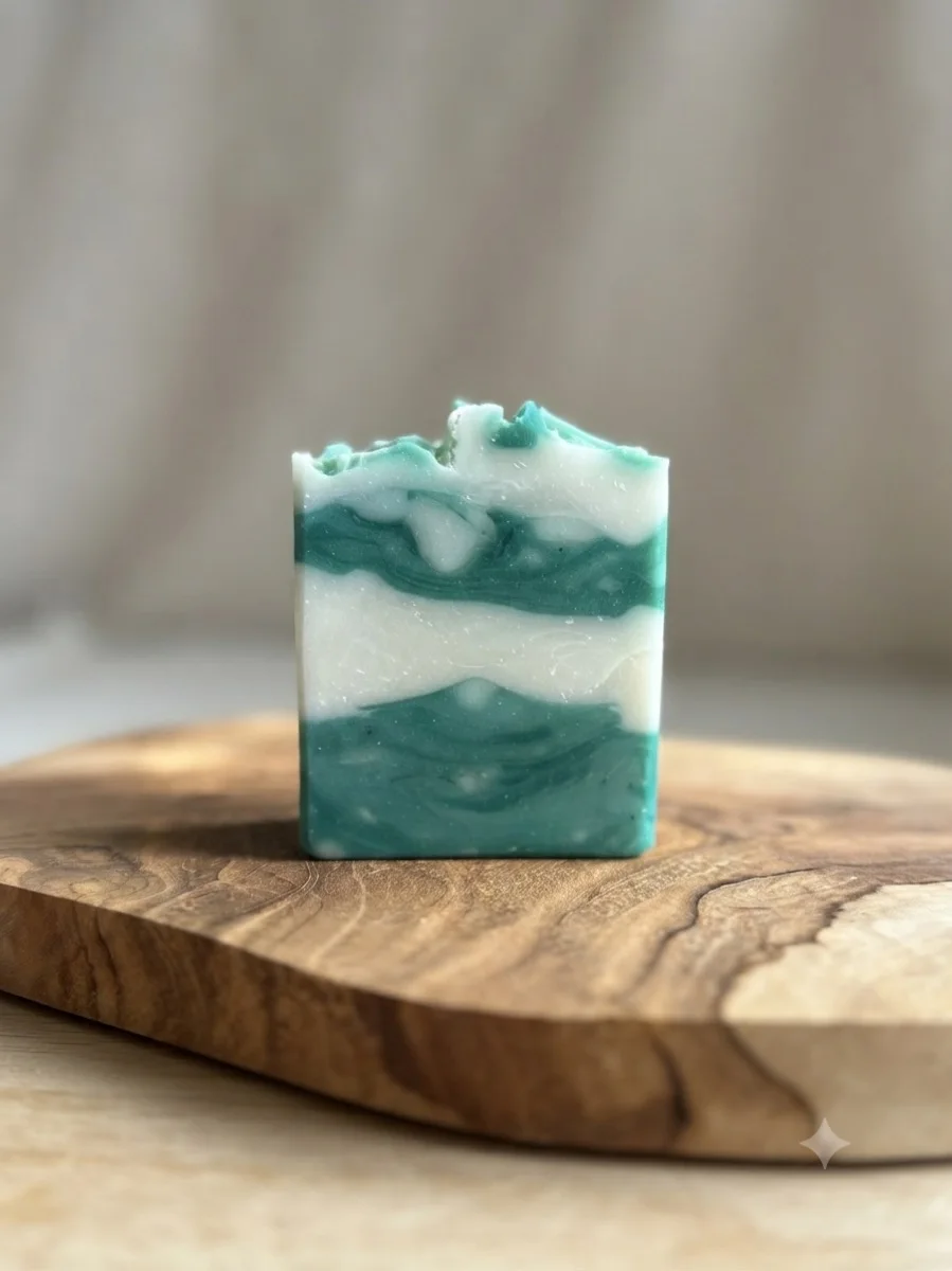 Rosemary Mint botanical soap bar with green and white swirl